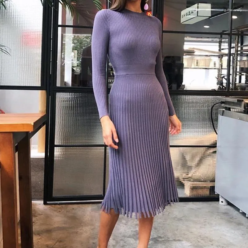 Casual Dresses Women Autumn Long Sleeve Ribbed Knit Midi Sweater Dress Mock Neck Slim Fit Pleated Flare Empire Waist Solid Color Stretchy
