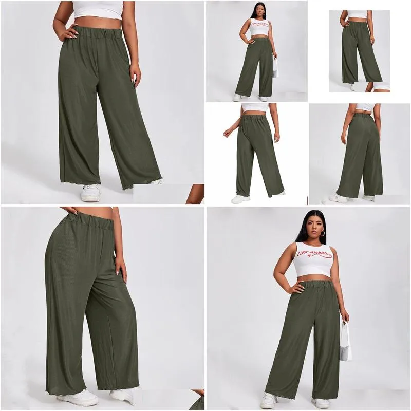 Womens Plus Size T-Shirt Elastic Waist Summer Elegant Wide Leg Pants Loose Rib Knitted Casual Straight Trousers Bot S2Pk Drop Delivery Otek4