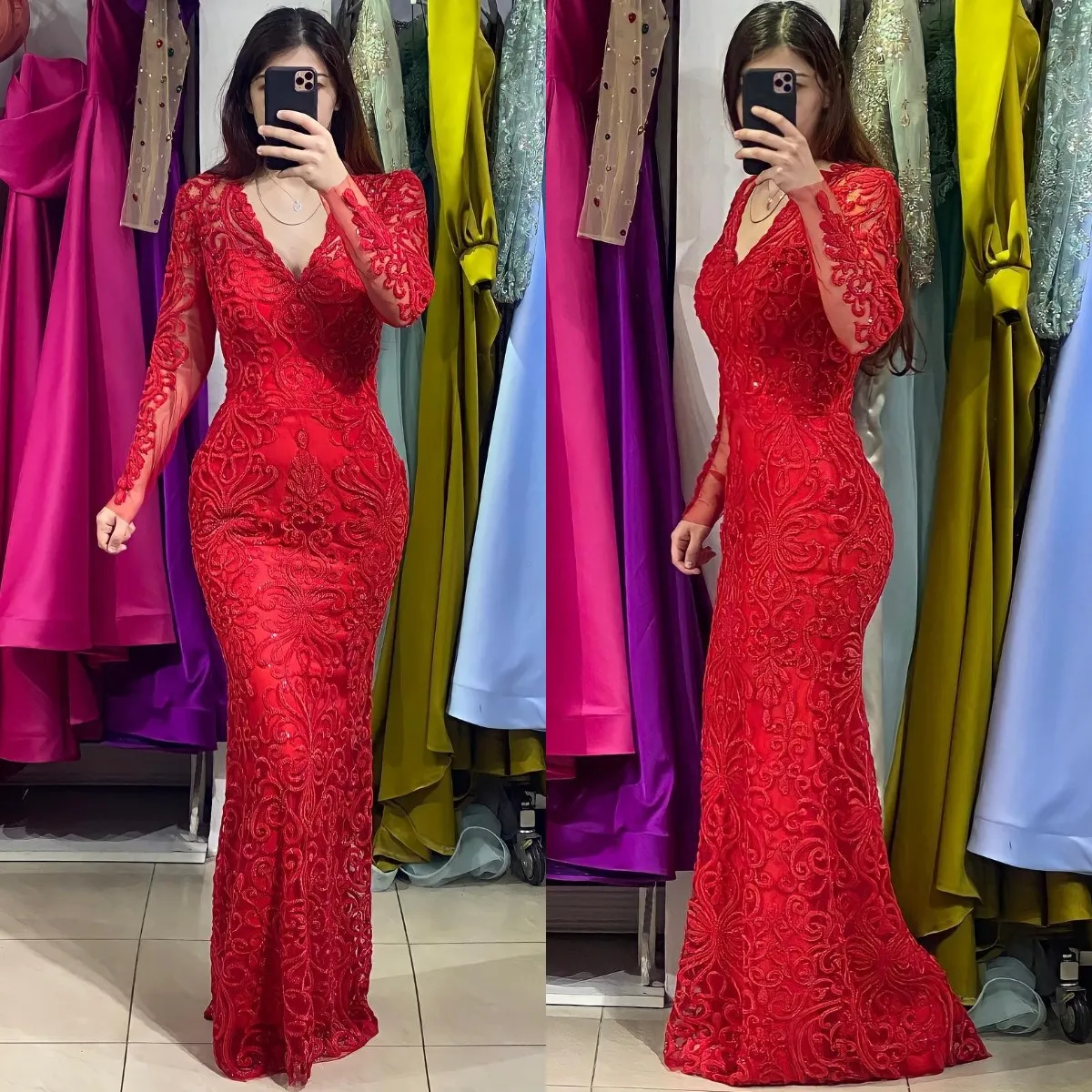 missweddingdress Mermaid Elegant Red Muslim Evening V Neck Beading Lace Illusion Long Sleeves Turkish Kaftan Dress Special Ocn Formal Dresses for Women ES