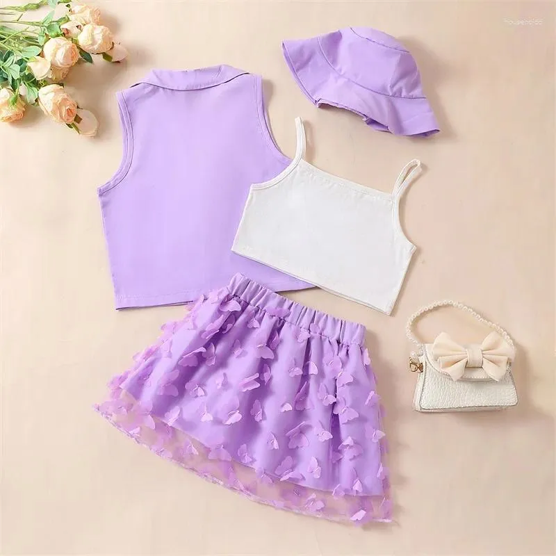 Clothing Sets Kids Girl 4 Piece Outfit Sleeveless Camisole And Butterfly Skirt Button Vest Coat Cute Hat Set For Summer Clothes