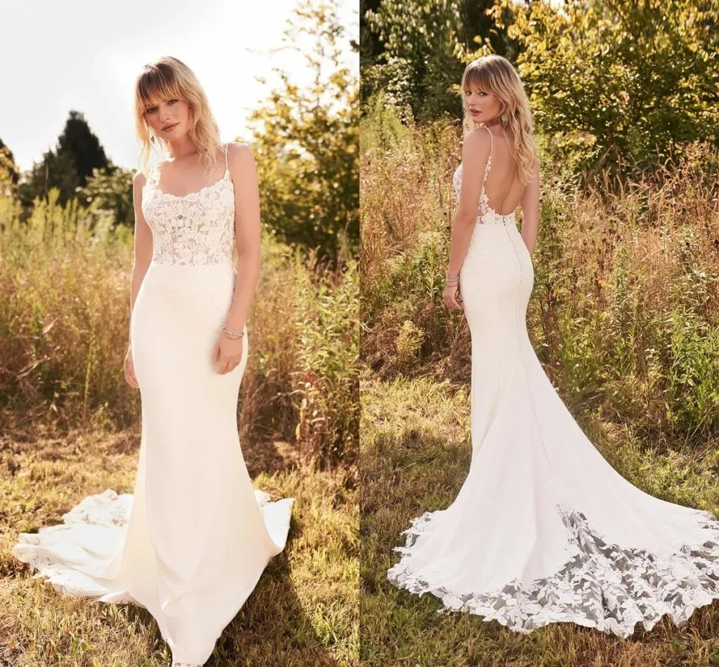 Boho trouwjurken sexy backless spaghetti riemen kant zeemeermin bruidsjurken elegante ivoor satijnen bruid receptie feest gewaden de mariie yd