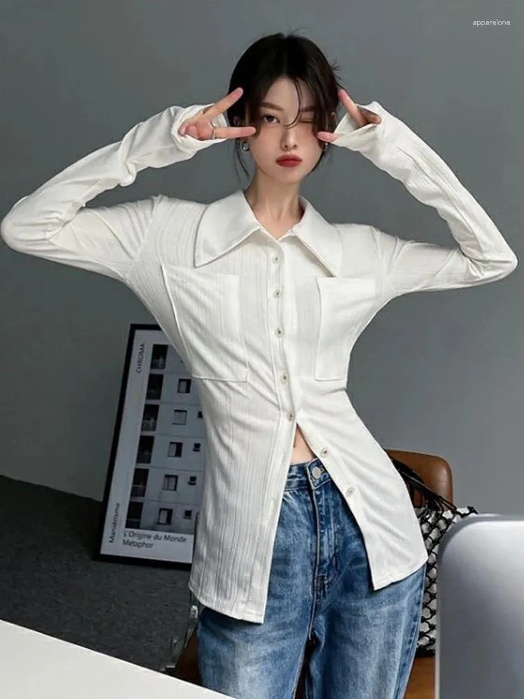 Camicette da donna da donna camicia bianca manica lunghe autunno abbassa la camicetta colletto femmina coreana alla moda dolce anestestica sottile a petto singolo