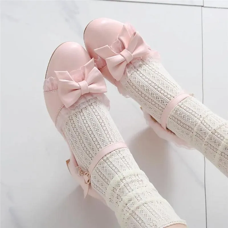 Dress Shoes 2024 Spring Women High Heels Mary Jane Pumps Party Wedding White Pink Beige String Bead Bow Princess Cosplay Lolita 43