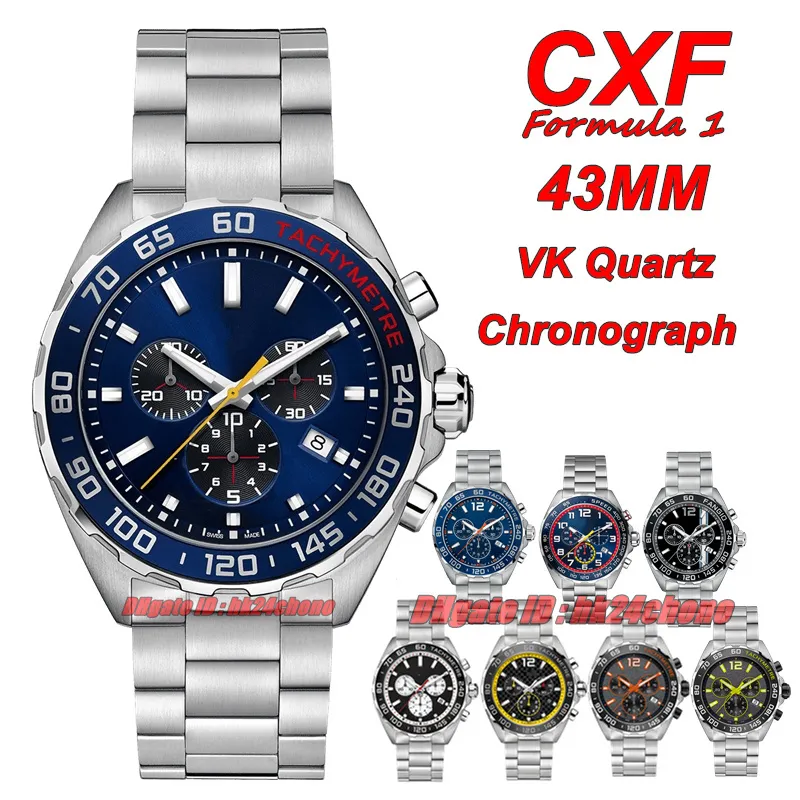 CXF Watches F1 43mm VK Quartz Chronograph Mens Watch Blue Dial Rostfritt stålarmband Gents armbandsur