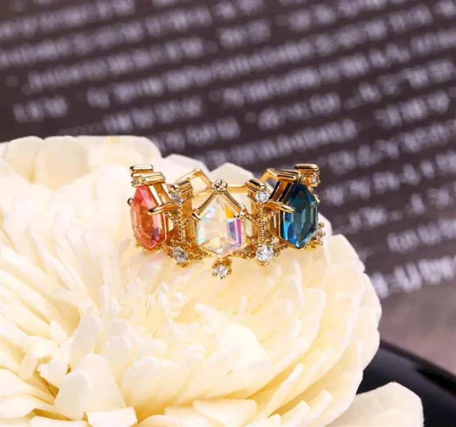 Vintage Solid Sv925 Kolorowany Kryształ Kwarty Koronny Piękny Vermeil Victorian Antique Jewelry Tiara 3 Stone Gold Ring239b8319664