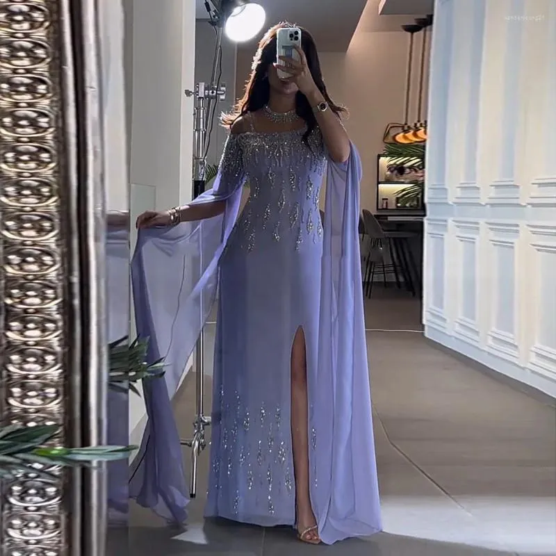 Party Dresses Serene Hill 2024 Arabic Lilac Mermaid Cap Sleeve High Split Beaded Luxury Evening Gowns For Women Wedding LA72407