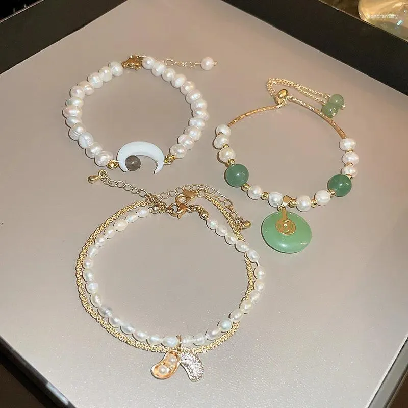 Bracelets de charme minar Francês Irregular Freshwater Pearl Breaded Breaded para mulheres garotas verdes jade natural moon lua com moeda de amendoim