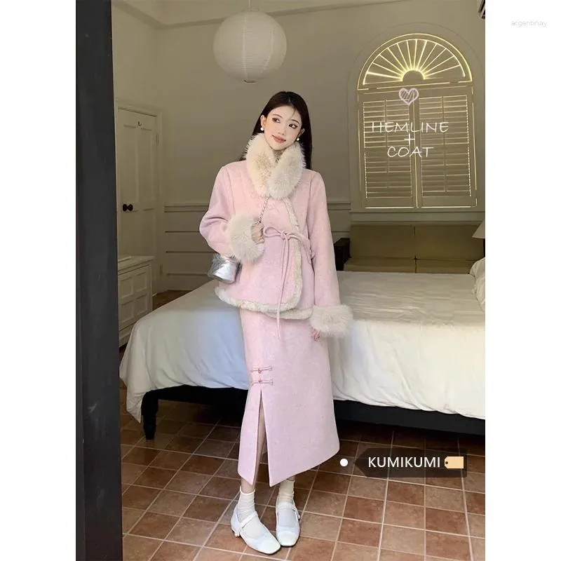 Work Dresses Chinese Sweet Girl Suit For Women's Winter Plush Patchwork Woolen Jacket Split Long Skirt Two-piece Set Fashion Female Clothes