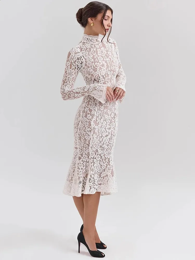Mozision Lace Long Sleeve Sexy Midi Dress For Women Elegant White Half High Collar Waist Bodycon Club Party 241119 Mozision Lace Long Sleeve Sexy Midi Dress For Women Elegant White Half High Collar Waist Bodycon Club Party 241119