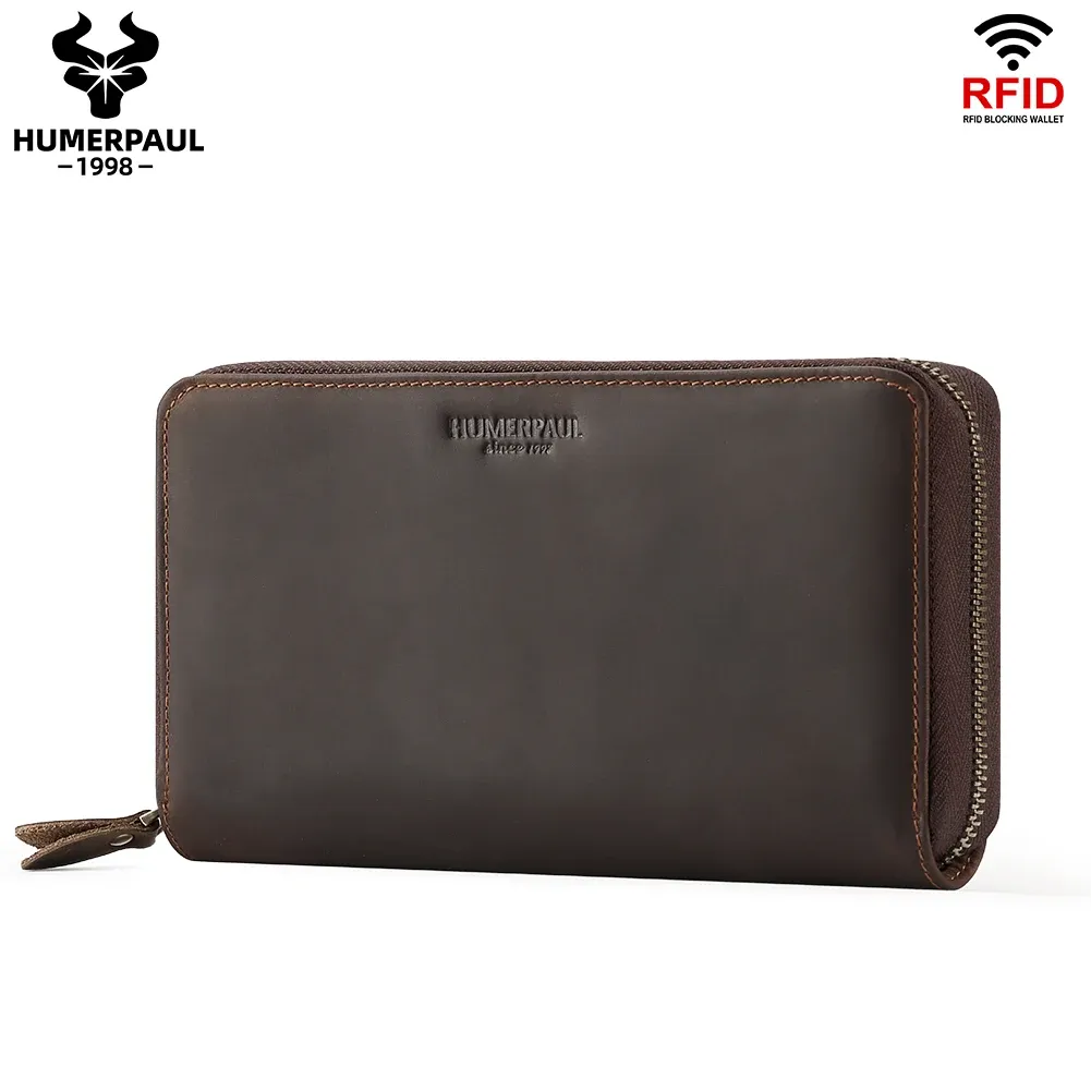 Brieftaschen Humerpaul Langes Geldbeutel für Männer verrückte Pferd Leder Handy Geldbeutel RFID Protect Card Halter Multifunktional Griff Kupplungsbeutel