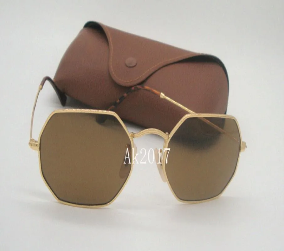 1Pair High Quality Mens Womens Octagonal Sunglasses Eyewear Sun Glasses Gold Metal Brown Glass Lenses 53mm With Brown Cases2497534