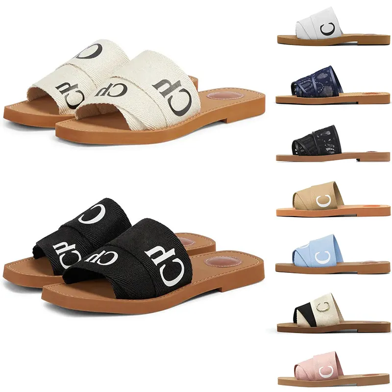 Designer Woody Sandals for Women Mules Flat Slides Light Tan Beige White Black Pink Lace Lettering Tyg Canvas Slippers Womens Summer Outdoor Shoes