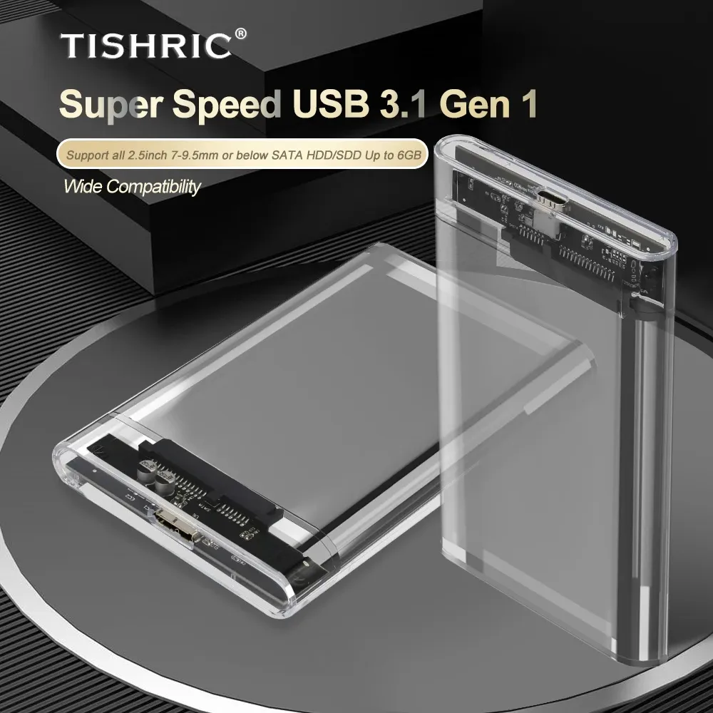 Kapsling Tishric Transparent HDD Case Caddy Box HDD -kapsling 2.5 SSD SATA till USB 3.0 Typec 3.1 Adapter Extern hårddiskbox