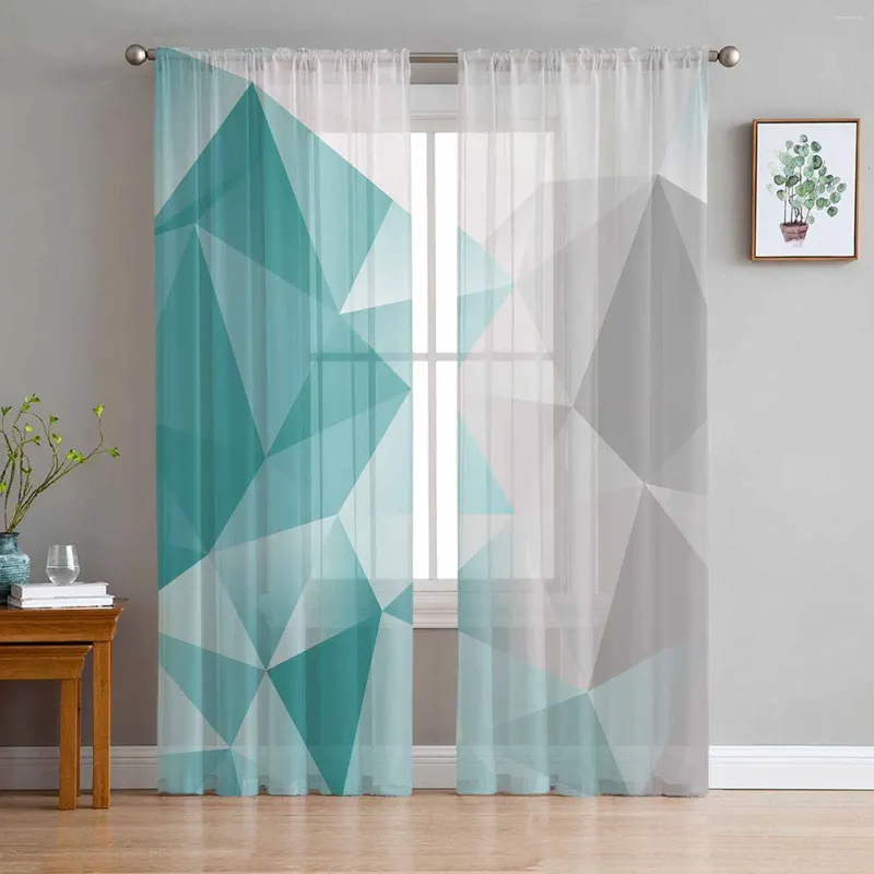 Curtain Abstract Gradient Blue Green Gray Triangle Sheer Tulle Curtains For Living Room Valance Kitchen Window Voile Drapery