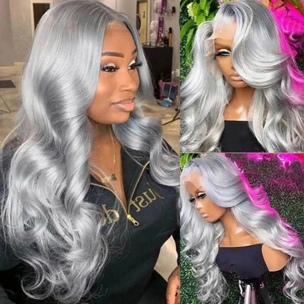 Ash Body Body Wave 13x4 parrucche anteriori in pizzo per donne HD HD Human Capelli pre -pizzichi grigio argento 240419