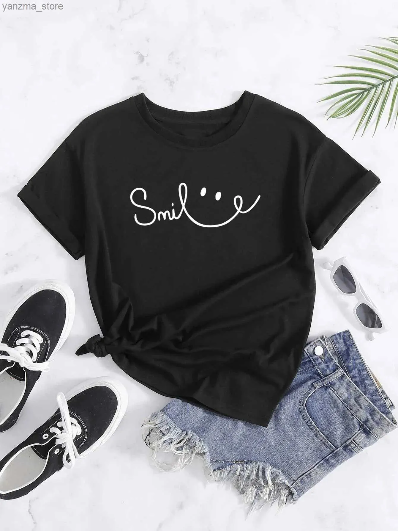 Dames T-shirt Print Crew Neck T-shirt Casual losse korte slev Fashion Summer T-shirts Tops Dameskleding Y240420