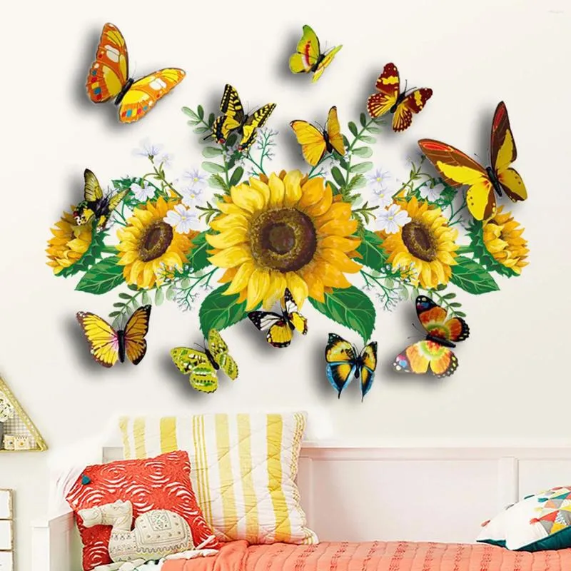 Autocollants muraux autocollants de tournesol autocollant amovible décale de fleur étanche 3D papillon floral papier peint pour enfants pour bébé chambre à coucher décoration de salon