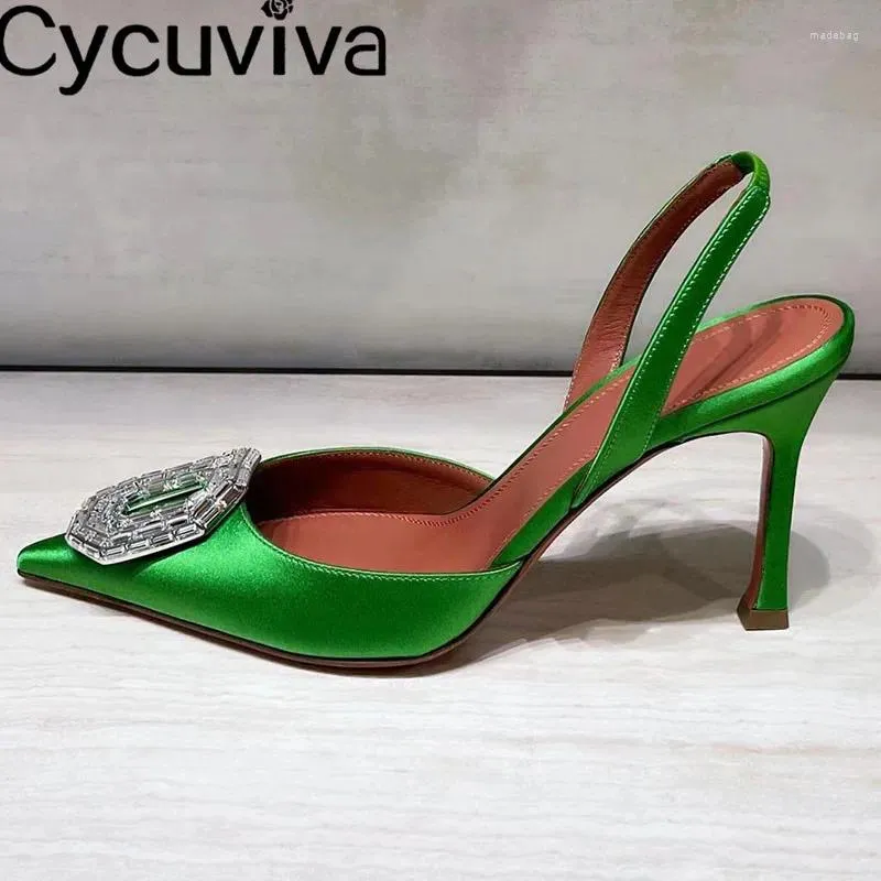 Dress Shoes Pointy Toe Satin Crystal Woman Rhinestone Slingback Thin High Heel Sandals Summer Sexy Wedding Party Sandalias Mujer