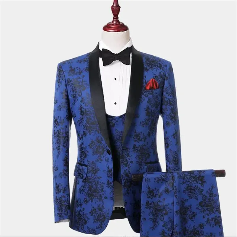 Tuxedos mode mens kostymer med svart tryck blå män blommor blazer design mens tre stycken blazer smal passform jacka män bröllop tuxe