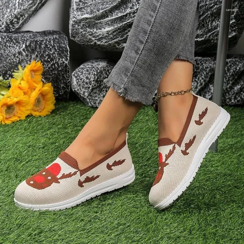 Casual Shoes Woman Christmas Breathable AthleticTennis Sneakers 2024 Fashion Elk Print Mesh Flats Women's Footwear Xmas Gift