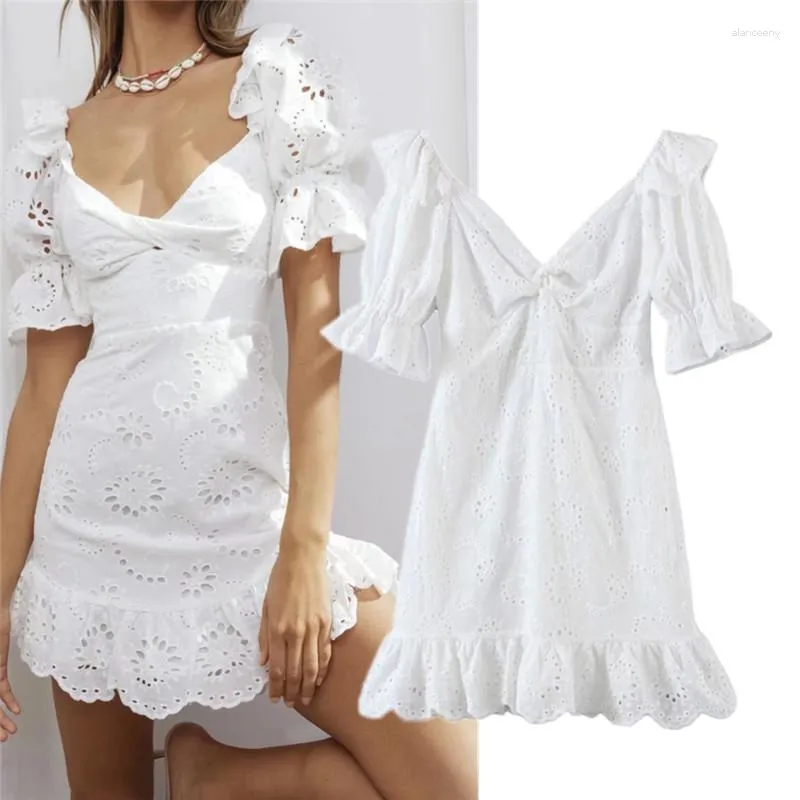 Casual Dresses French Style Retro Full Lace Sexy Cutout Chest-Flattering Dress Puff Sleeve V-neck Front Pleated Lotus Leaf Skirt