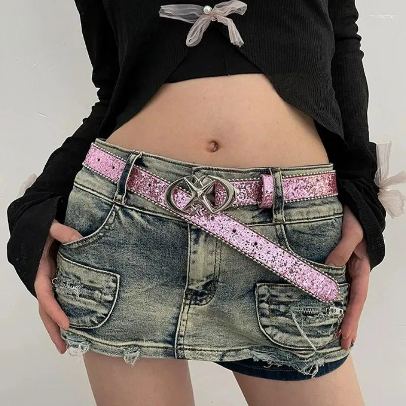 Belts Y2K Shiny Star Sequin Belt Women Girls Metal Moon Pentagram Waist Band Trend Daily Versatile Leather Fashion Accessories