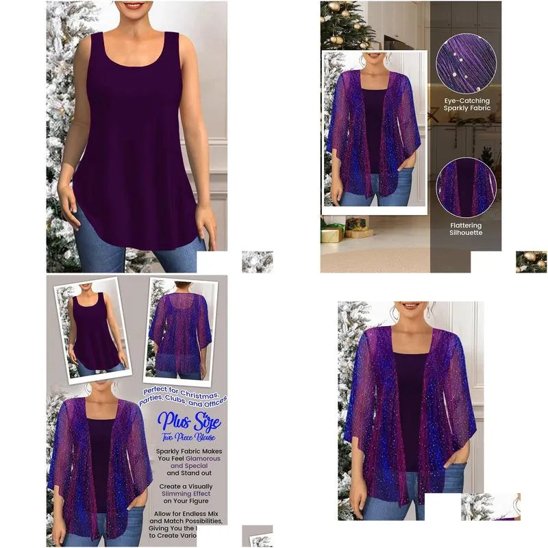 T-shirt de camiseta de tamanho feminino Natal Purple Purple Glitter Fabric Kimo Duas peças Blusa V6BO Drop Delivery Apparel DHTQB