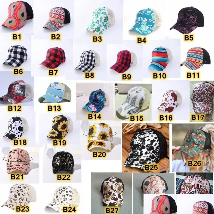 Parti Şapkaları Kadın Yıkanmış Dağınık Çörekler Ponycaps Leopar Ayçiçeği Criss Cross Trucker Mesh Damlası Ev Bahçesi Festival Tedarik Dhooi