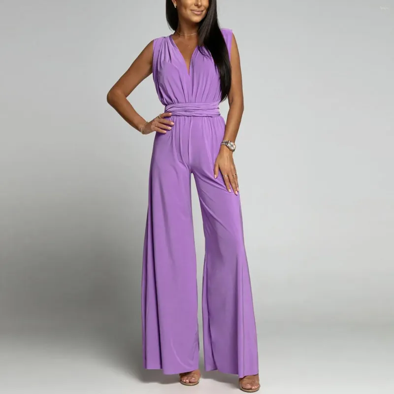 Women's 2-Piece Solid Color Deep V-Neck Sleeveless Open-Back Jumpsuit  Casual Long Pant Suit Loose Slim Sexy Elegant Fashion Set