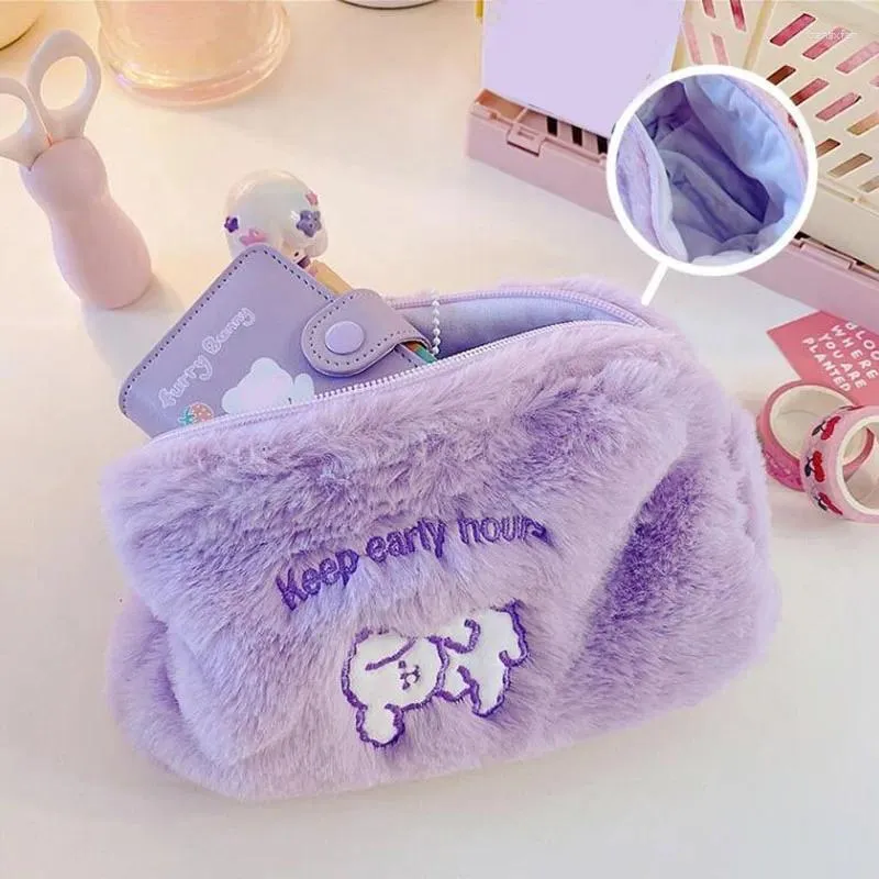 Cosmetic Bags INS Soft Cartoon Bag Cute Bear Embroidery Makeup Pouch Women Plush Storage Organizer Clutch Handbag Pencil