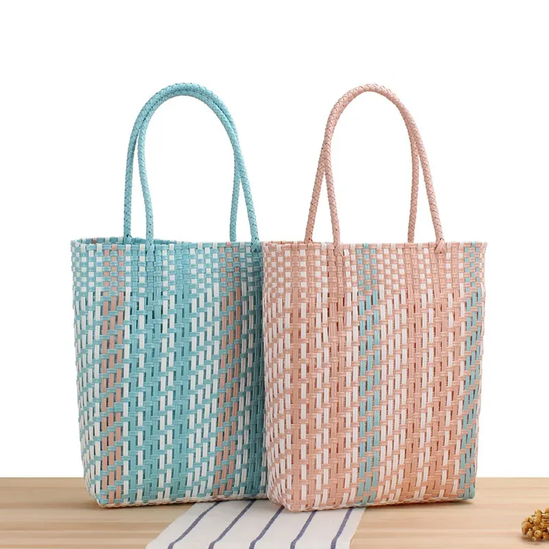 Buckets Japanese and Korean plastic waterproof striped bag Foreign trade shopping bag Single shoulder bag Fashion woven women's bag