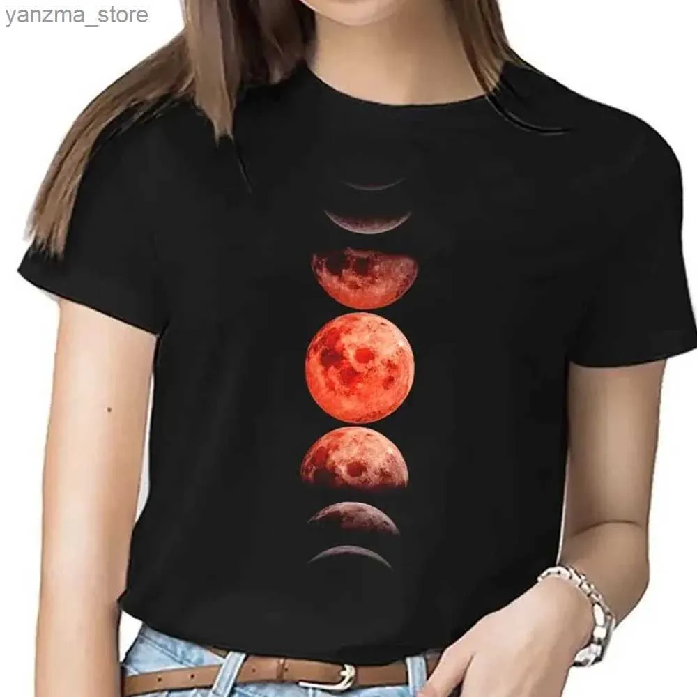 Koszulka damska Plus size Maycaur Nowy zabawny księżyc drukarski T-koszulka Kobiety białe i czarne koszule moda okrągła szyja krótka koszulka Summer TS Y240420