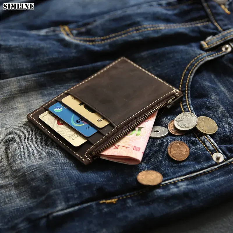 Halter 100% echter Lederkartenhalter Brieftasche für Männer Cowide Vintage handgefertigt kurzschlanker Mini -Männer Geldbeutel mit Reißverschluss Coin Taschenbeutel