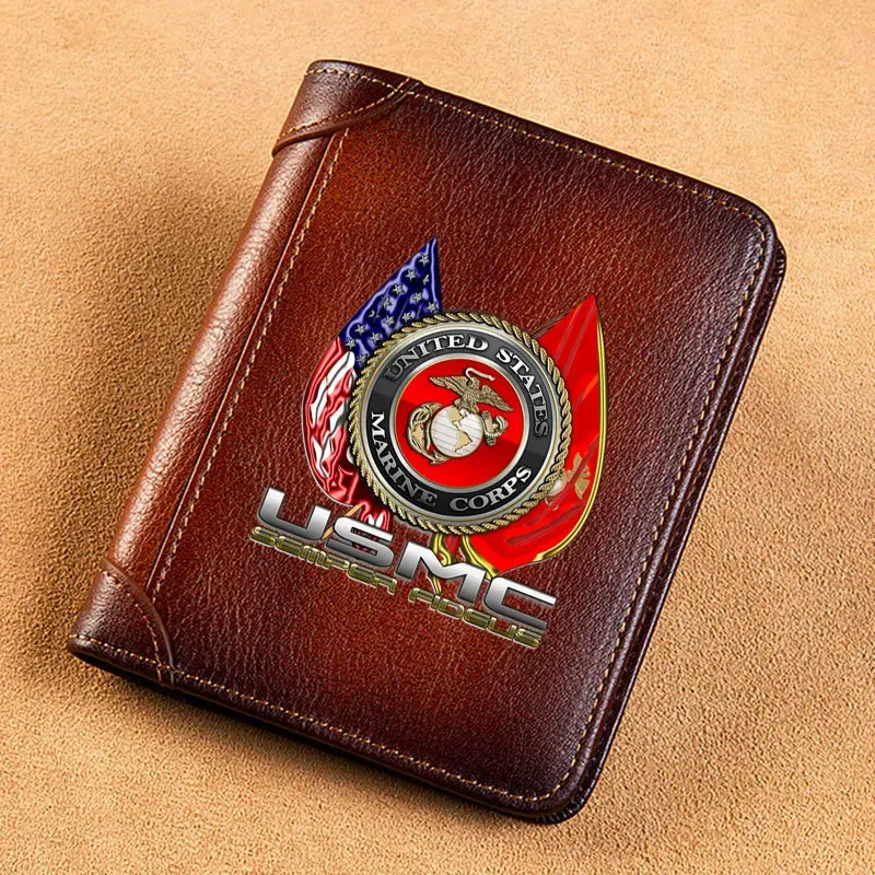 Plånböcker av hög kvalitet äkta läder män plånböcker USMC United States Marine Corps Short Card Holder Purse Luxury Brand Male Wallet Wallet