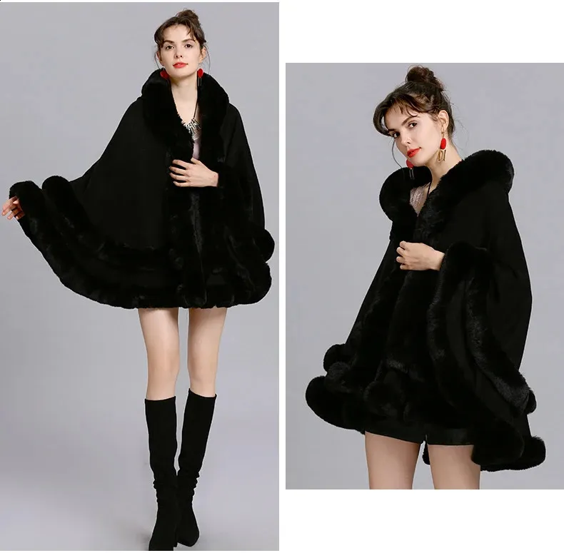 Double Layer Rex Rabbit Fur Cape Coat Hooded Shawl Winter Knit Poncho ...