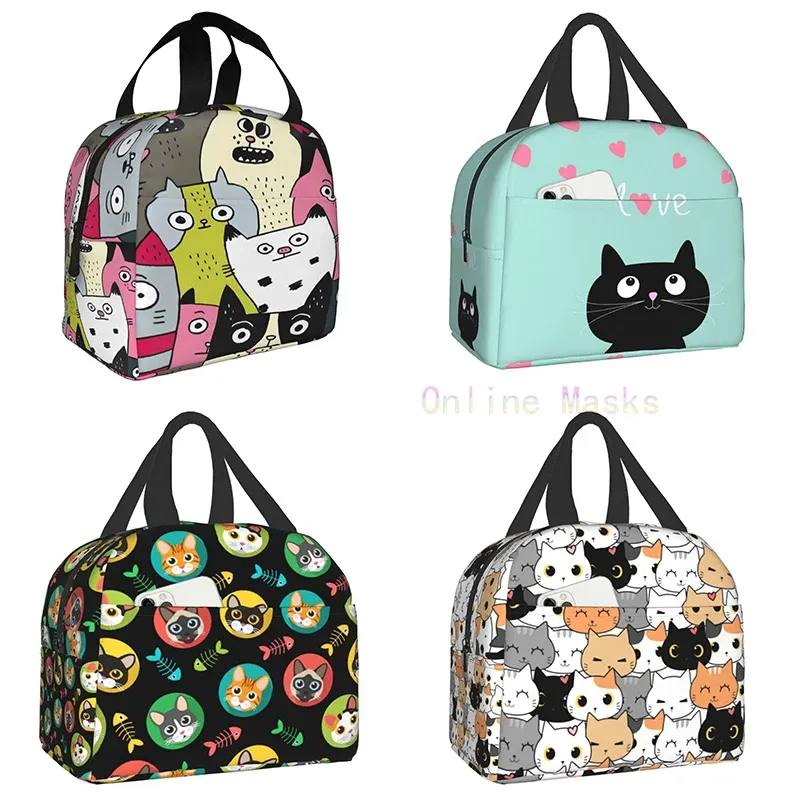 Bags Cat Lunch Bag, Cute Kids Reusable Cooler Lunch Tote Bag Insulated Leakproof Lunch Box Container with Front Pocket for Girls Boys