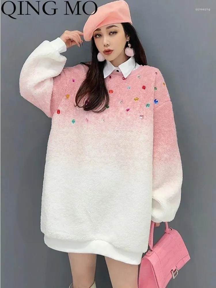 Women's Hoodies QING MO 2024 Winter Korean Trendy Gradient Lamb Fleece Thickened Pullover Sweatshirt Women Pink Black Hoodie ZXF4775
