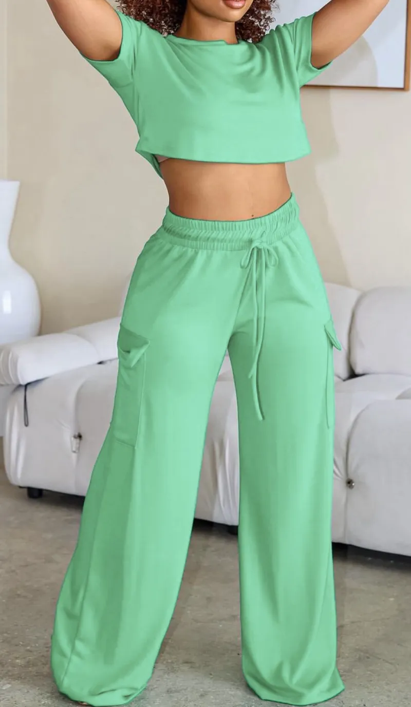 STYLISH LADY Solid Color 2 Piece Set Women Short Sleeve Crop Top and Drawstring Wide Leg Pant Suits 2024 Summer Casual Tracksuit