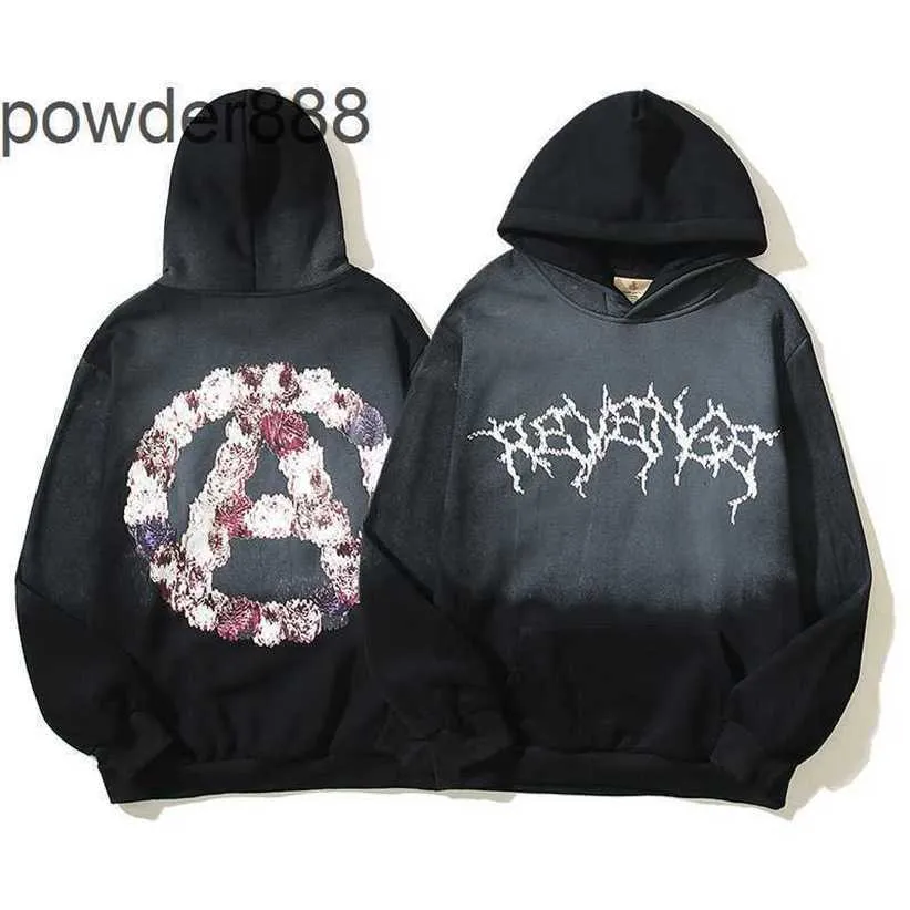 24ss High Street Hoodie with Keel Flower Big Round A-line Print Worn Out Loose Velvet Hooded Sweater for Men and Women Hellstar