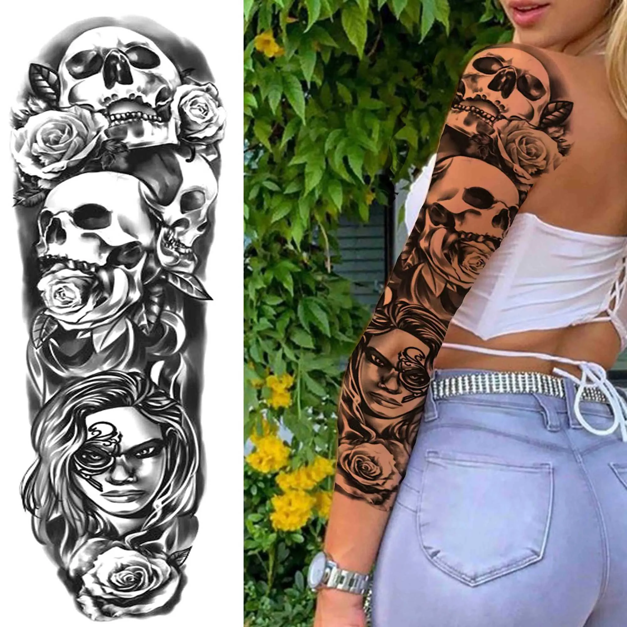 Death Skull Black Flower Full Sleeve tattoo sticker tattoo for Men and ...
