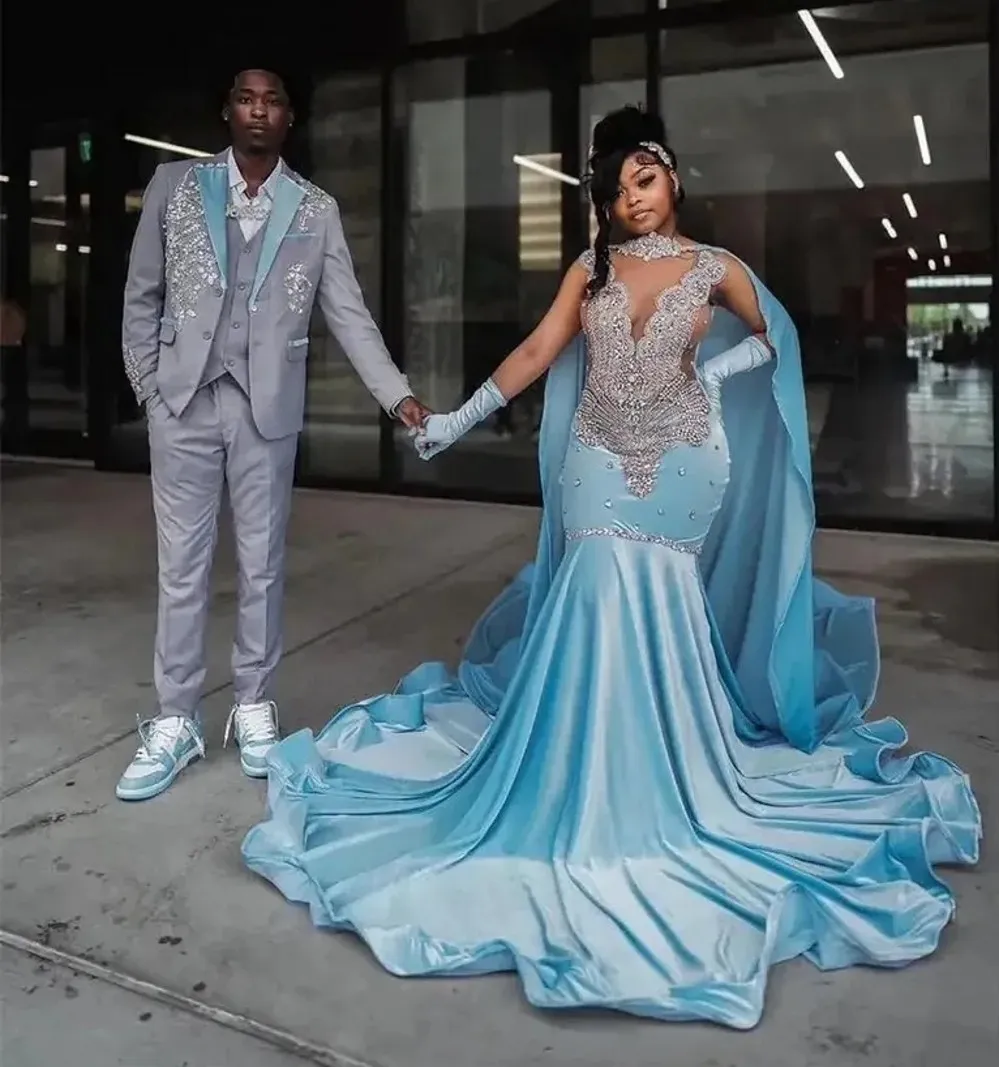 Light Blue Satin Long Prom Dress with Beading Rhinestones and Cape Sweep  Train Trumpet Silhouette from Dhgate Prom Dresses - price 188.95