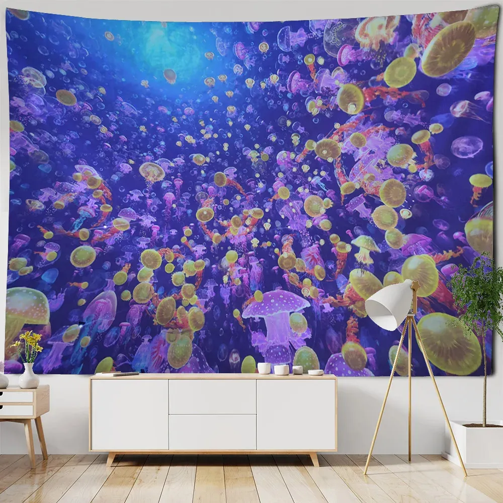 Home decoration tapestry dreamy jellyfish wall hanging cloth cartoon art Bohemian childrens room background 240410