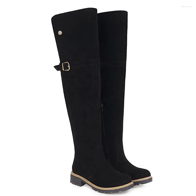 Boots Nubuck Leather Flat Retro Rider Low-Heeled Cow Suede Side Zipper Wool Women's With Stitching Warmth Knee