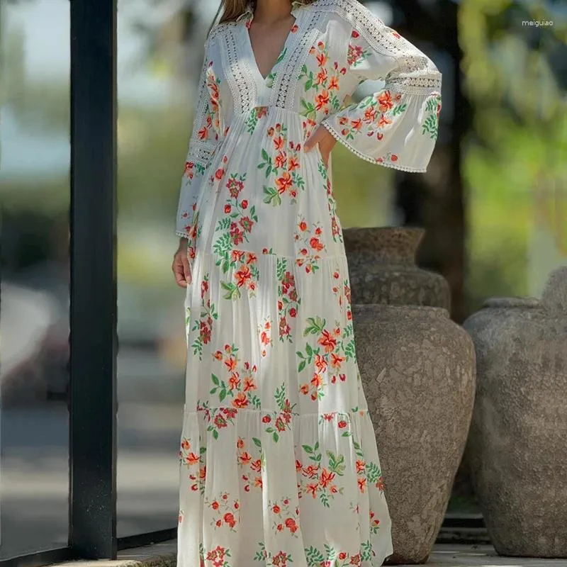 Casual Dresses Jacquard Hollow Deep V neck Boho Maxi Dress Women Spring Floral Print High Waist Long Fall Flare Sleeve Draped Party