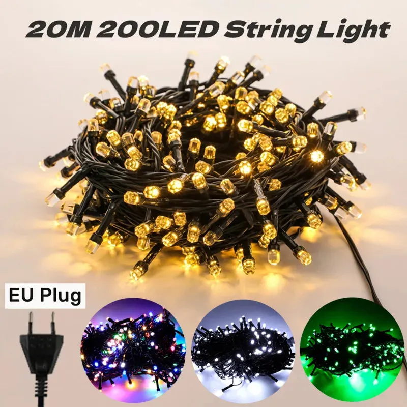 20Mroll 200 -LED Outdoor LED String Fairy Light Waterproof Black Cable Eu Wtyczka Garland Lampa Bożego Narodzenia Patio Wystrój ogrodu Oświetlenie 240409