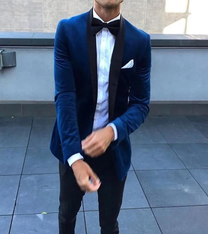 Damat erkek takım elbise için lacivert kadife düğün smokin 2019 iki parça siyah şal yaka ince fit ceket pantolon özel yapım blazer1217820