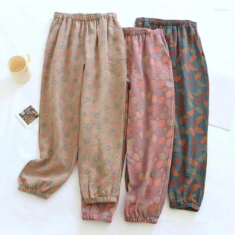 Women's Pants 2024 Spring Summer Printed Pajamas Cotton Crepe Comfortable Loose Large Leaf Home Thin Bottoms