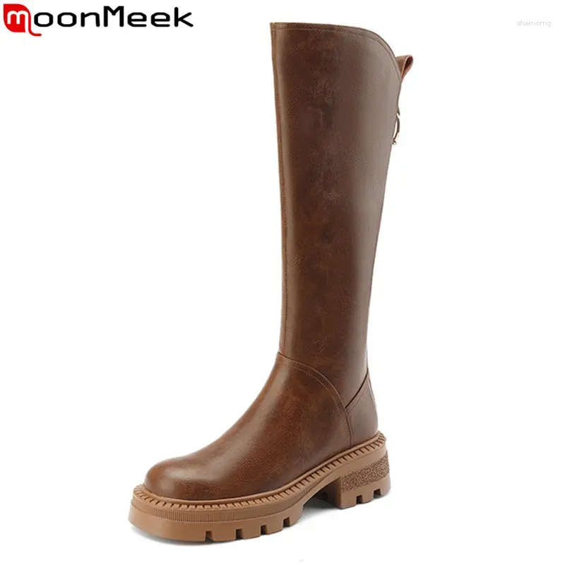 Boots MoonMeek 2024 Genuine Leather Knee High Zipper Thick Heels Women Ladies Winter Autumn
