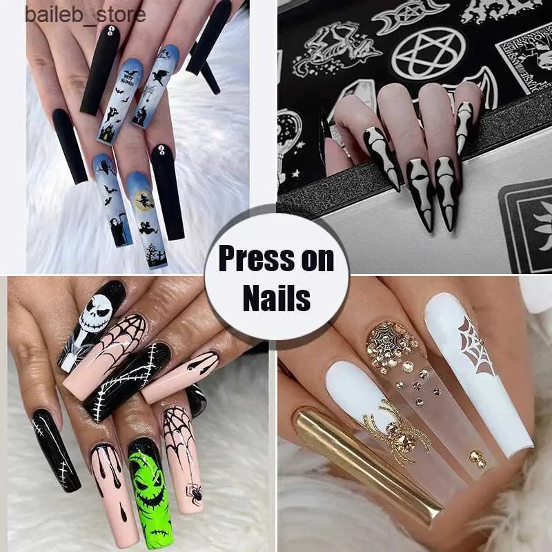 Ложные гвозди 24pcs halloween series Long Coffin Ballet Fake Nails Spiveders Pumpkins Pattern Artifice Acryl Nail Patch for Girl Women Gifts Y240419 Y240419