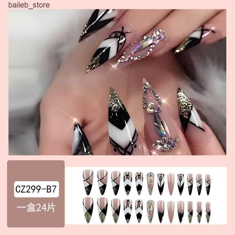 False Nails 2024 Pointed Head False Nails French White Press On Nails With Crystal Design European Women Lady Artificial Fake Nails Y240419 Y2404195Uev